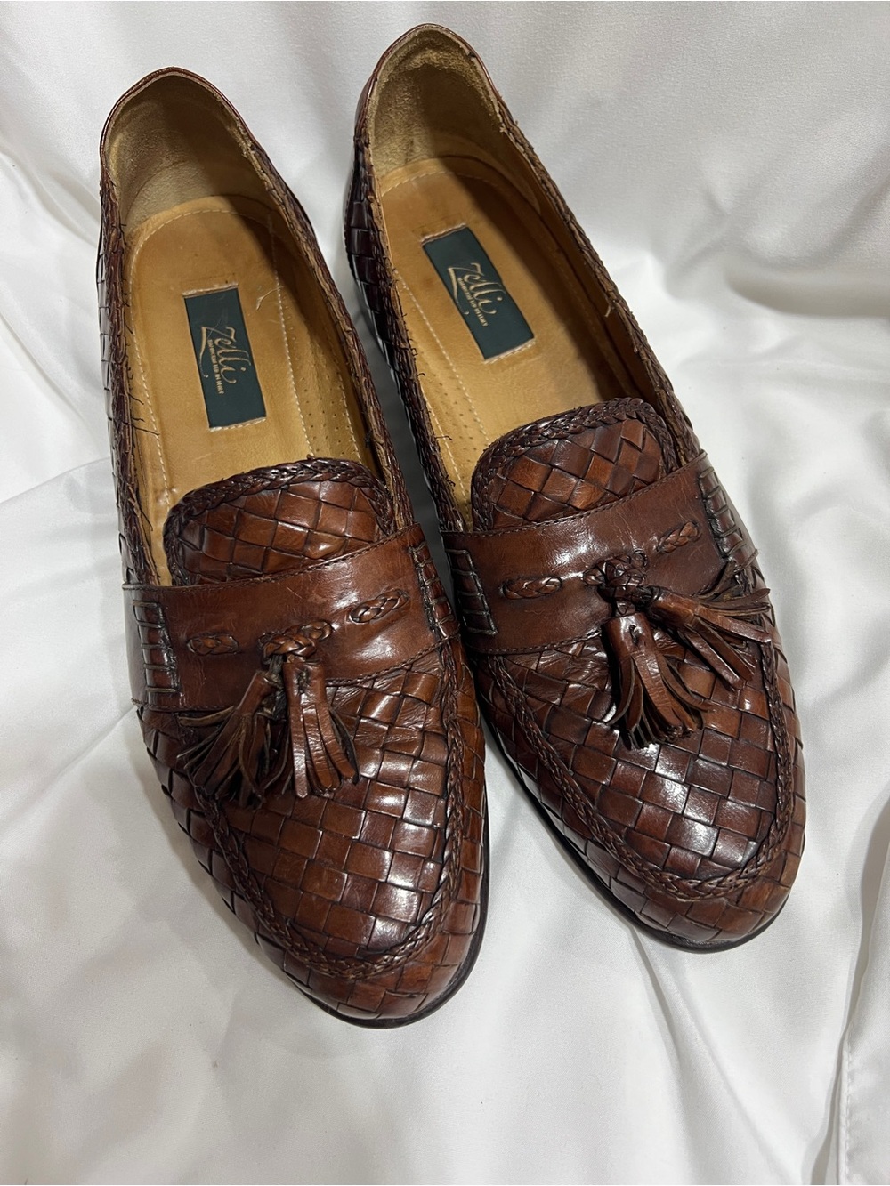 Men's Brown Woven Leather Tassel Loafers Zelli 11.5
